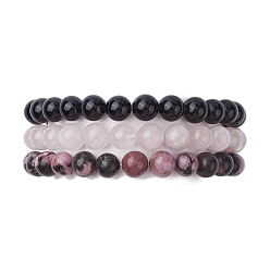 Mixed Stone 3Pcs 3 Styles Natural Mixed Gemstone Round Beaded Stretch Bracelets Set, Inner Diameter: 2 inch(5.05~5.15cm), 1Pc/style