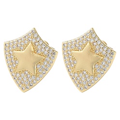 Real 16K Gold Plated Rack Plating Brass Micro Pave Cubic Zirconia Stud Earrings, Star Shield, Real 16K Gold Plated, 16.5x14mm