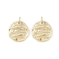 Pisces Brass Micro Pave Colorful Cubic Zirconia Charms, Round with Constellation Charms, Rack Plating, Long-Lasting Plated, Cadmium Free & Lead Free, Golden, Pisces, 14~15x14~15x1.6~2.2mm