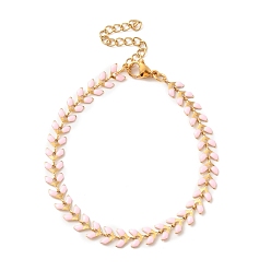 Pearl Pink Enamel Ear of Wheat Link Chains Bracelet, Vacuum Plating 304 Stainless Steel Jewelry for Women, Pearl Pink, 6-7/8 inch(17.6cm)
