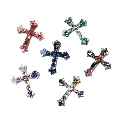 Mixed Color Transparent Resin Pendants, Religion Cross Charms, with Natural Opal and Dyed Imperial Jasper, Mixed Color, 48x38.5x3.5mm, Hole: 3mm
