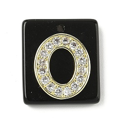 Letter O Природные подвески обсидиана, прямоугольные подвески с латунной микропаве прозрачной кубической циркониевой буквой, реальный 18 k позолоченный, долговечный, стойки покрытие, Письмо O, 21x18x5 мм, отверстие : 1.4 мм