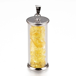 Quartz Alloy & Glass Wish Bottle Pendants, with Natural Yellow Quartz Chips, Platinum, Column, 35x13.5mm, Hole: 4x3.5mm