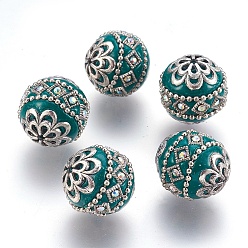 Teal Handmade Indonesia Beads, with Metal Findings, Round, Antique Silver, Teal, 19.5x19mm, Hole: 1mm