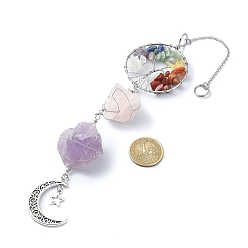 Mixed Stone Wire Wrapped Natural Amethyst & Rose Quartz Pouch Pendant Deorations, with Gemstone Chip Tree of Life Link and Alloy Hollow Moon Pendant, 310~325mm