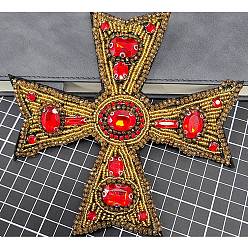 Colorful Cross Cloth Patches, Glass Beaded Appliques, Stick On Patch, with Rhinestone, Costume Accessories, Colorful, 125x115mm