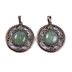 Зеленый Авантюрин Естественный зеленый авантюрин подвески, покрытие стойки латунные полые плоские круглые подвески, без кадмия и без свинца, Красная медь, 36.5x33x9.5 мм, отверстие : 7.5x5 мм