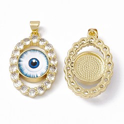 White Rack Plating Brass Micro Pave Clear Cubic Zirconia Pendants, with Resin, Real 18K Gold Plated, Long-Lasting Plated, Cadmium Free & Lead Free, Oval with Evil Eye, White, 29x19.5x7mm, Hole: 4x3mm