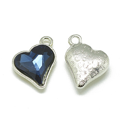 Prussian Blue Alloy Glass Pendants, Faceted, Heart, Platinum, Prussian Blue, 17x15x5mm, Hole: 1.5mm