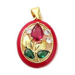 Красный Покрытие стойки латунь микро паве подвески с цветной эмалью кубического циркония, долговечный, без кадмия и без свинца, реальный 18 k позолоченный, овал с подвесками в виде цветов, красные, 21.5x16x4 мм, отверстие : 4.5x3 мм