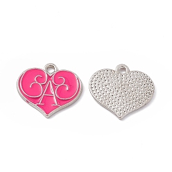 Pearl Pink Alloy Enamel Pendants, Heart with Letter A Charm, Platinum, Pearl Pink, 17x18x1mm, Hole: 1.8mm