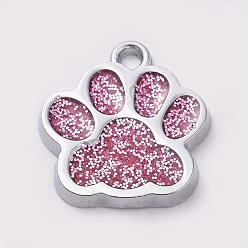 Pink Alloy Enamel Charms, with Glitter Powder, Dog Paw Prints, Platinum, Pink, 17.7x16.6x2mm, Hole: 2mm