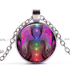 Platinum Chakra Theme Yoga Human Glass Pendant Necklace, Alloy Jewelry for Women, Platinum, 15.75 inch~19.72 inch(40~50.1cm)