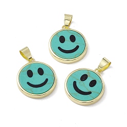 Synthetic Turquoise Synthetic Turquoise Pendants, Flat Round with Smiling Face Charms, with Rack Plating Golden Tone Brass Findings, Cadmium Free & Lead Free, 21x18.5x3mm, Hole: 4x6mm