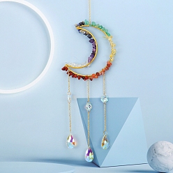 Mixed Stone Glass & Brass Moon Pendant Decorations, Suncatchers, Rainbow Maker, with Chips Gemstone, for Home Decoration, 520mm