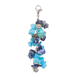 Mixed Stone Natural Lapis Lazuli & Synthetic Turquoise Chip Beaded Pendant Decorations, 304 Stainless Steel Lobster Claw Clasps, 66~69mm