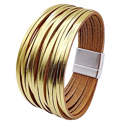 Gold PU Leather Multi-strand Bracelets, with Magnetic Clasps, Gold, 8-1/8 inch(20.5cm)