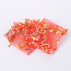 Red Heart Printed Organza Bags, Gift Bags, Rectangle, Red, 9x7cm