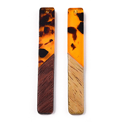 Coral Transparent Resin & Walnut Wood Big Pendants, Rectangle Charms, Coral, 51.5x7.5x3mm, Hole: 1.8mm