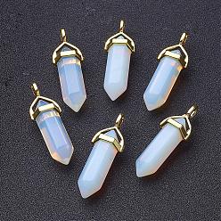 Opalite Opalite Double Terminated Pointed Pendants, with Random Alloy Pendant Hexagon Bead Cap Bails, Bullet, Golden, 37~40x12.5x10mm, Hole: 3x4.5mm