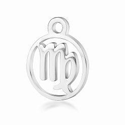 Virgo 201 Stainless Steel Charms, Flat Round with Constellation, Stainless Steel Color, Virgo, 13.4x10.8x1mm, Hole: 1.5mm