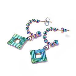 Rainbow Color Chapado de iones (ip) 304 aretes colgantes de rombos de acero inoxidable, pendientes de medio aro para mujer, color del arco iris, 33.5 mm, pin: 0.8 mm