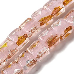 Pink Handmade Gold Sand and Silver Sand Lampwork Beads, Square, Pink, 10x10x5.5mm, Hole: 1.2mm