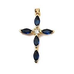 Темно-Синий Латунные микро проложить кубического циркония подвески, крестик, без свинца и без кадмия, долговечный, реальный 18 k позолоченный, стойки покрытие, темно-синий, 37x25x4 мм, отверстие : 4x3.5 мм