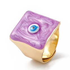 Blue Violet Square Enamel with Evil Eye Wide Band Finger Rings, Real 18K Gold Plated Brass Adjustable Rings for Women Men, Blue Violet, 18.5mm, Inner Diameter: 17mm