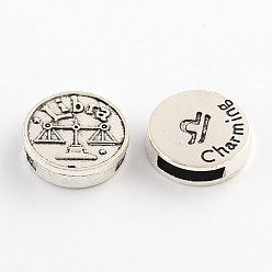 Libra Antique Silver Plated Tibetan Style Flat Round Alloy Slide Charms, with Constellation/Zodiac Sign, Cadmium Free & Lead Free, Libra, 17~18x5mm, Hole: 11x3mm, about 282pcs/1000g