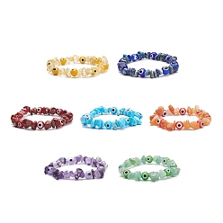 Mixed Stone 7Pcs 7 Style Natural & Synthetic Mixed Gemstone Chips & Lampwork Evil Eye Stretch Bracelets Set for Women, Inner Diameter: 2-1/8 inch(5.3cm), 1Pc/style