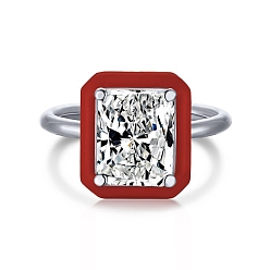 Red Rhodium Plated 925 Sterling Silver Rings, Birthstone Ring, Real Platinum Plated, with Enamel & Cubic Zirconia for Women, Rectangle, Red, US Size 6(16.5mm)