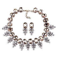 golden Sparkling Geometric Crystal Necklace and Earrings Set for Formal Occasions