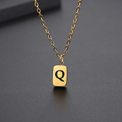 Letter Q Titanium Steel Rectangle with Initial Letter Pendant Necklace with Cable Chains for Women, Golden, Letter.Q, 17.72 inch(45cm)