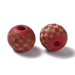 Dark Red Wood Laser Engraved Tartan Beads, Round, Dyed, for DIY Craft, Dark Red, 9.5~10x8.5mm, Hole: 3mm