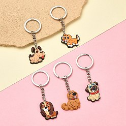 Mixed Color 5Pcs 5 Styles Cute Cartoon PVC Plastic Dog Pendant Keychain, with Iron Findings, Mixed Color, 7.4~8.4cm, 1pc/style