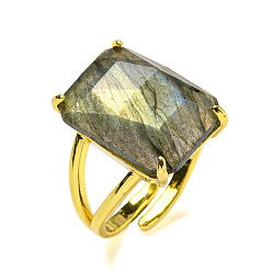 Лабрадорита Прямоугольные открытые манжеты с натуральным лабрадоритом, позолоченное латунное кольцо унисекс, внутренний диаметр: регулируемый