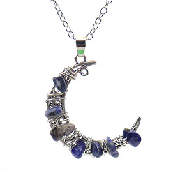 Sodalite Natural Sodalite Chips Crescent Moon Pendant Necklace, with Alloy Chains, 20.87 inch(53cm)