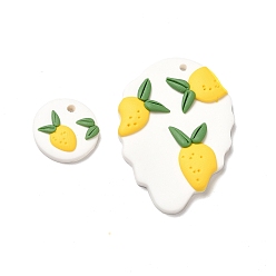 Yellow Handmade Polymer Clay Pendants Sets, Strawberry & Flat Round with Strawberry Charm, Yellow, 40x30x5mm, Hole: 2mm, 2pcs/set