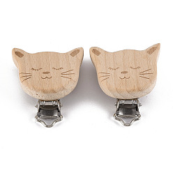 BurlyWood Beech Wood Kitten Baby Pacifier Holder Clips, with Iron Clips, Cat Head, Platinum, BurlyWood, 47~49x43~44.5x17~18mm, Hole: 3.5x6mm