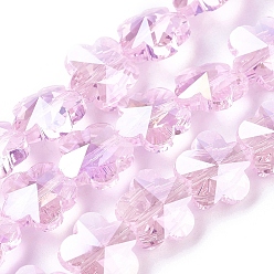 Pink Electroplate Glass Beads Strands, AB Color Plated, Faceted, Flower, Pink, 13.5x8mm, Hole: 1mm, about 25pcs/strand, 12.5 inch(32cm)
