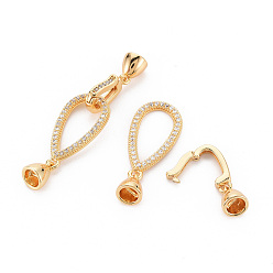 Real 18K Gold Plated Brass Micro Pave Clear Cubic Zirconia Fold Over Clasps, Nickel Free, Teardrop, Real 18K Gold Plated, 13x31x2mm, Cord End: 8x6.5mm, Clasp: 21x6.5x8mm, Inner Diameter: 4.5mm