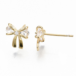 Real 18K Gold Plated Brass Stud Earrings, with Clear Cubic Zirconia, Nickel Free, Bowknot, Real 18K Gold Plated, 9.5x9.5mm, Pin: 0.7mm