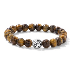Тигровый глаз Натуральный тигровый глаз круглый бисерные браслеты простирания, талисманы из сплава, ювелирные украшения на удачу для женщин и мужчин, 7.48 дюйм (19 см)
