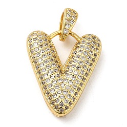 Letter V Brass Micro Pave Cubic Zirconia Pendants, Cadmium Free & Lead Free, Long-Lasting Plated, Real 18K Gold Plated, Letter V, 20.5x17x5.5mm, Hole: 4.5x3mm