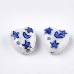 Blue Handmade Porcelain Beads, Blue and White Porcelain, Heart with Moon and Star, Blue, 15x15x8mm, Hole: 1.6mm