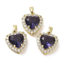 Темно-Фиолетовый Настоящие позолоченные подвески из латуни с микропаве из кубического циркония, со стеклом, долговечный, без кадмия и без свинца, сердце, темно-фиолетовый, 18 мм, отверстие : 17x15x7 мм