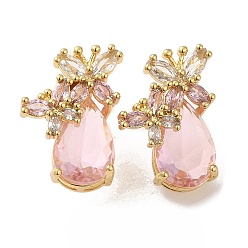 Pink Rack Plating Real 18K Gold Plated Brass Butterfly Stud Earrings, with Cubic Zirconia and Rhinestone, Long-Lasting Plated, Lead Free & Cadmium Free, Pink, 18.5x13mm