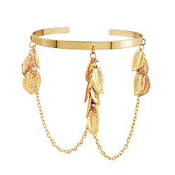 golden Chic and Stylish Metal Leaf Arm Cuff with Chain - Perfect for Street Style!