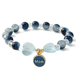 Marine Blue Jewelry Gift for Mother's Day, Alloy Enamel Charm Bracelets, Round & Heart Twon Tone Glass Beaded Bracelet for Women, Marine Blue, Inner Diameter: 2 inch(5cm)